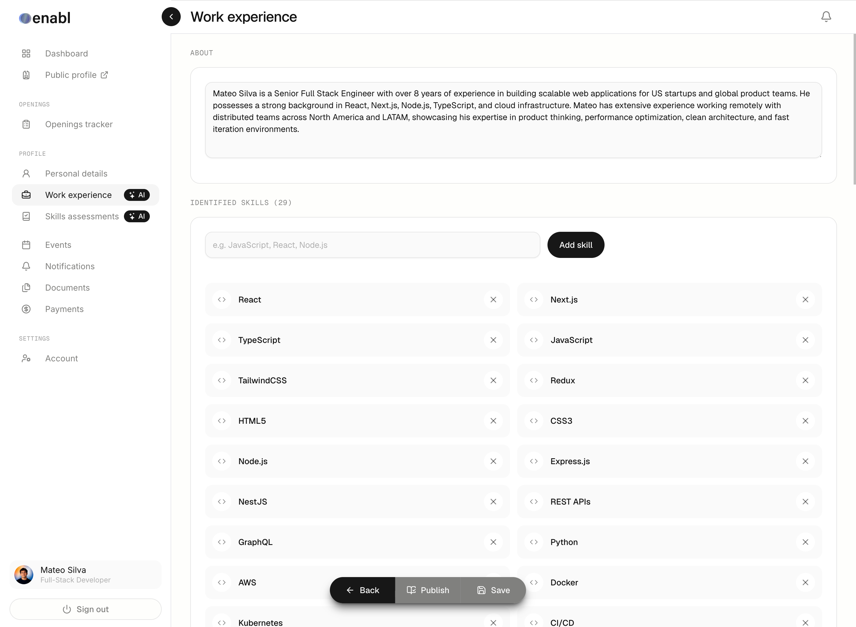 The Enabl profile of a candidate right after CV extraction: an AI-written summary and 29 identified skills such as React, Next.js, TypeScript and Node.js