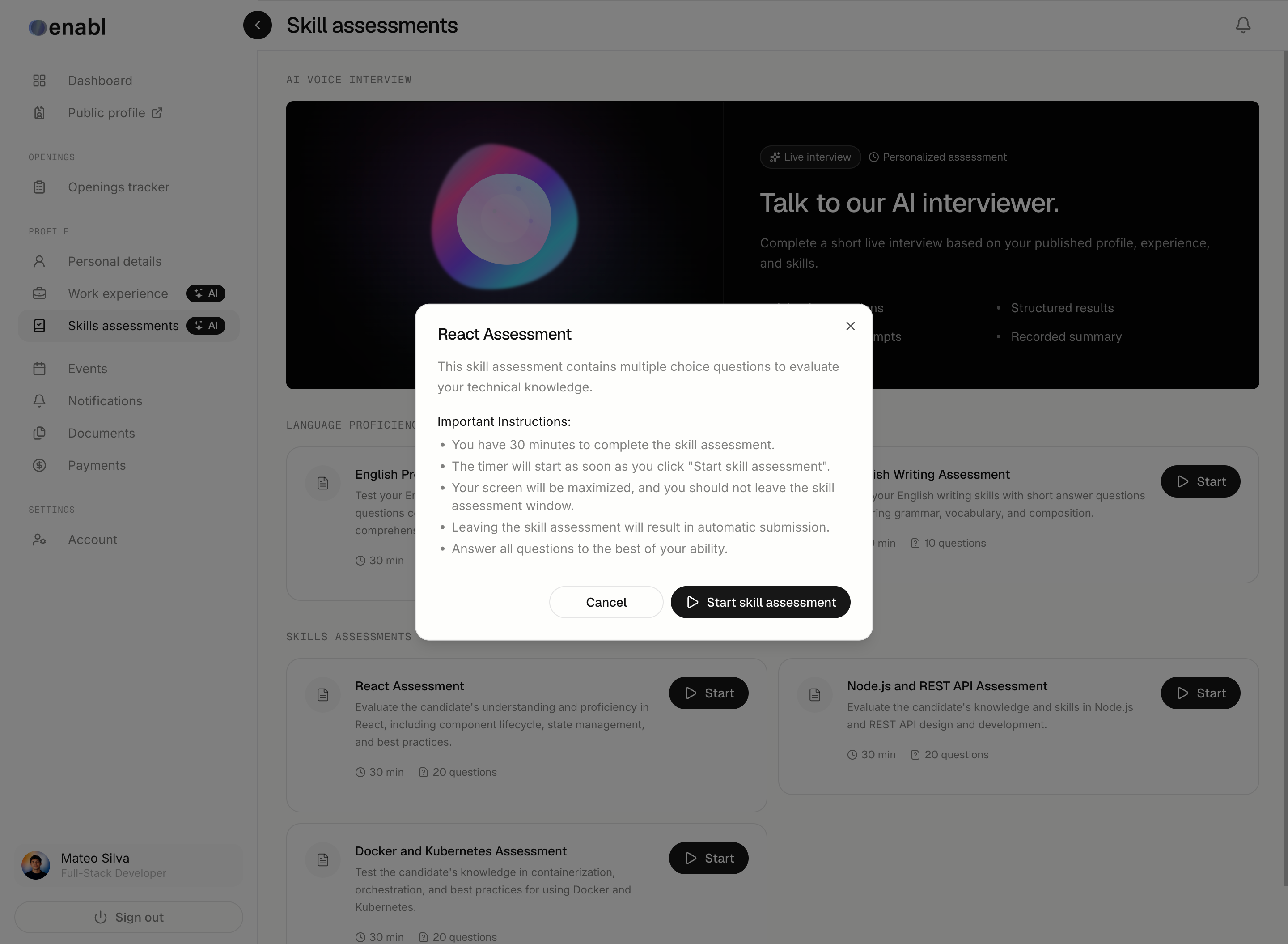 The Enabl skill assessments view, with a React Assessment about to start: 30 minutes, 20 questions, proctored full screen